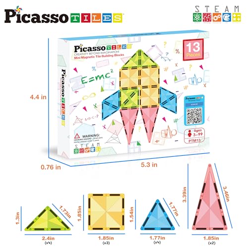 PicassoTiles PTM13 Travel Size Mini Diamond Magnetic Building Blocks – 13-Piece STEM Toy Set for Ages 3+
