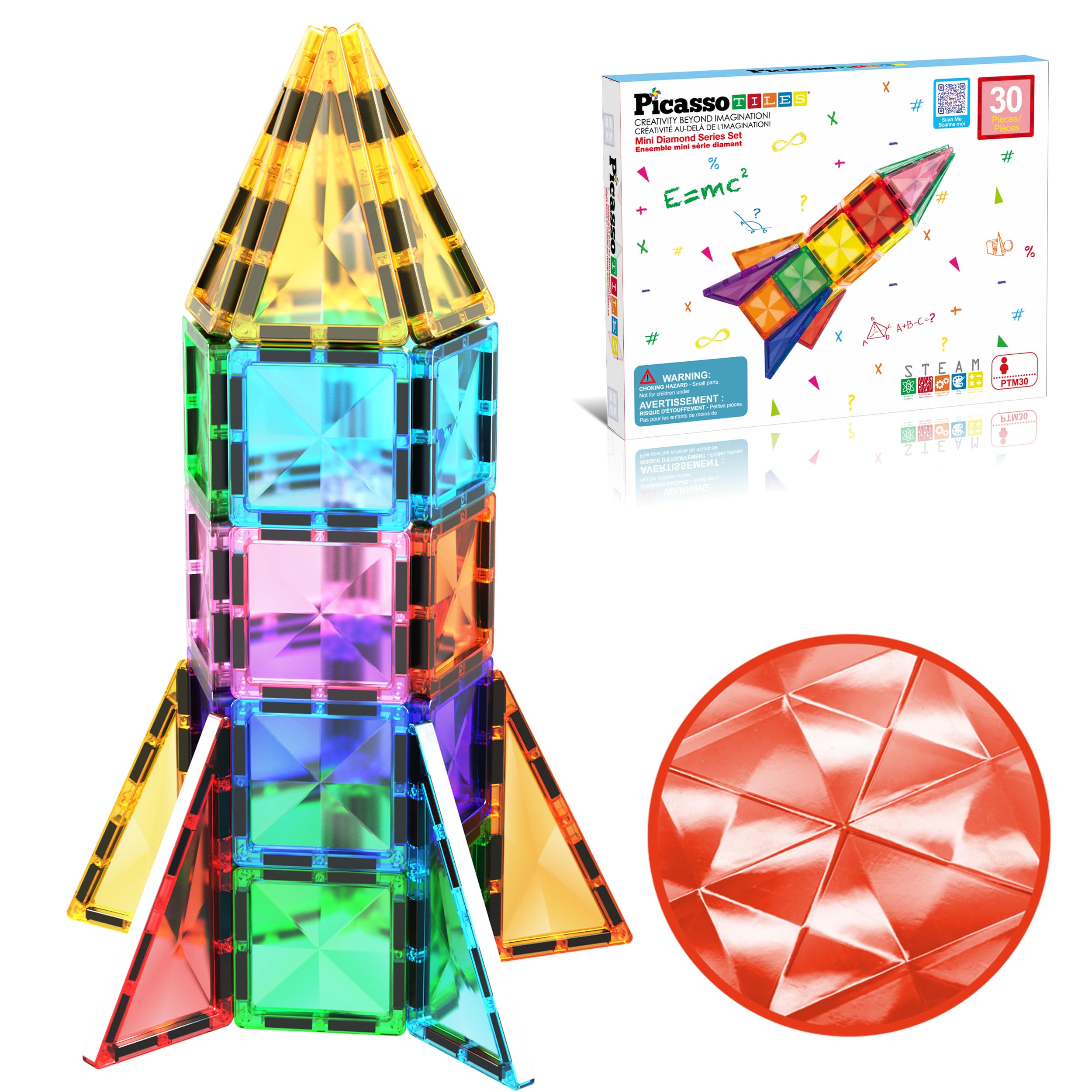 PicassoTiles PTM30 30-Piece Mini Magnetic Tiles Travel Set – STEM Building Toy for Ages 3+