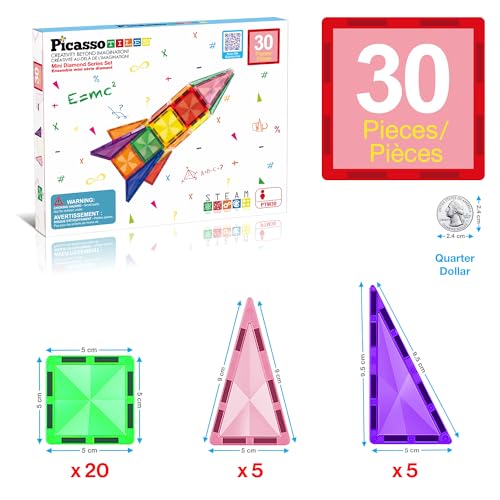 PicassoTiles PTM30 30-Piece Mini Magnetic Tiles Travel Set – STEM Building Toy for Ages 3+