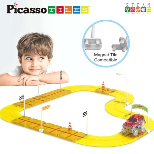 PicassoTiles PTR01 Magnetic Race Track Add-On - 18pc Traffic Sign & Stabilizer Set