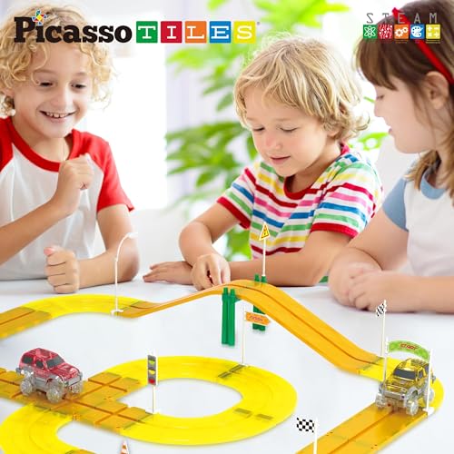 PicassoTiles PTR01 Magnetic Race Track Add-On - 18pc Traffic Sign & Stabilizer Set