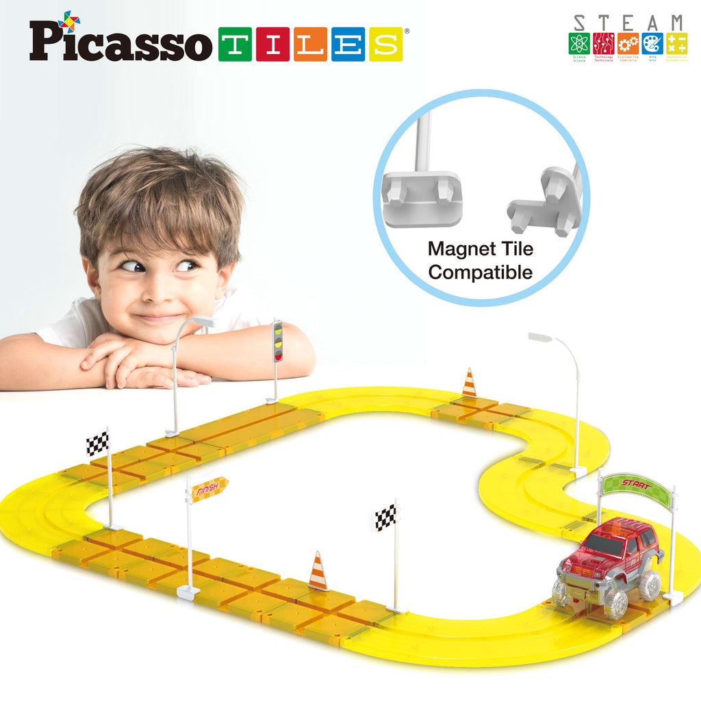 PicassoTiles PTR01 Magnetic Race Track Add-On - 18pc Traffic Sign & Stabilizer Set