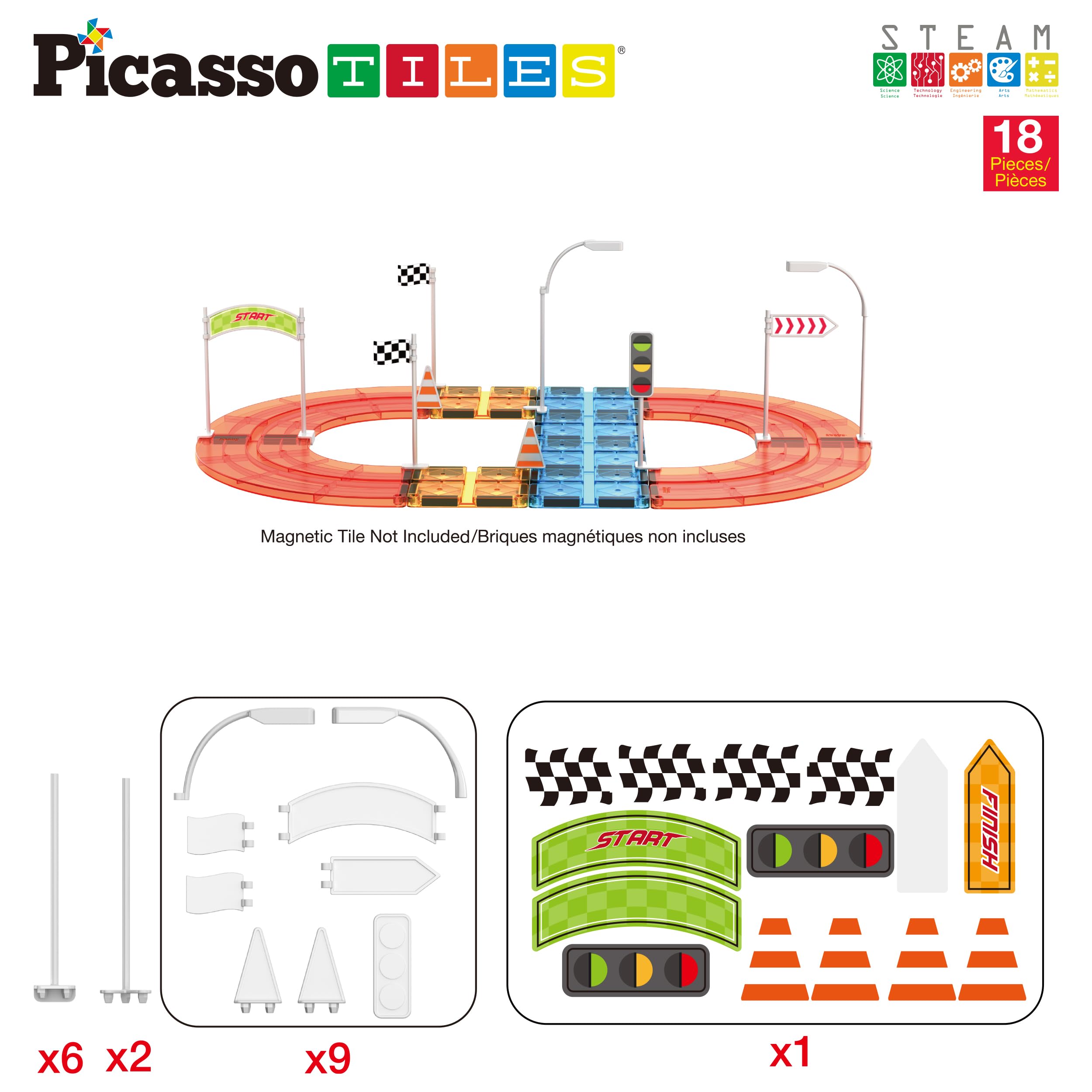 PicassoTiles PTR01 Magnetic Race Track Add-On - 18pc Traffic Sign & Stabilizer Set