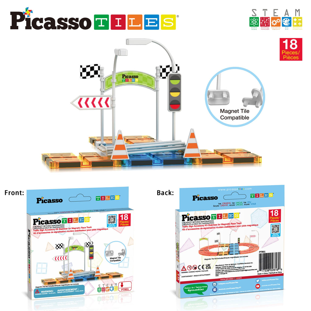 PicassoTiles PTR01 Magnetic Race Track Add-On - 18pc Traffic Sign & Stabilizer Set