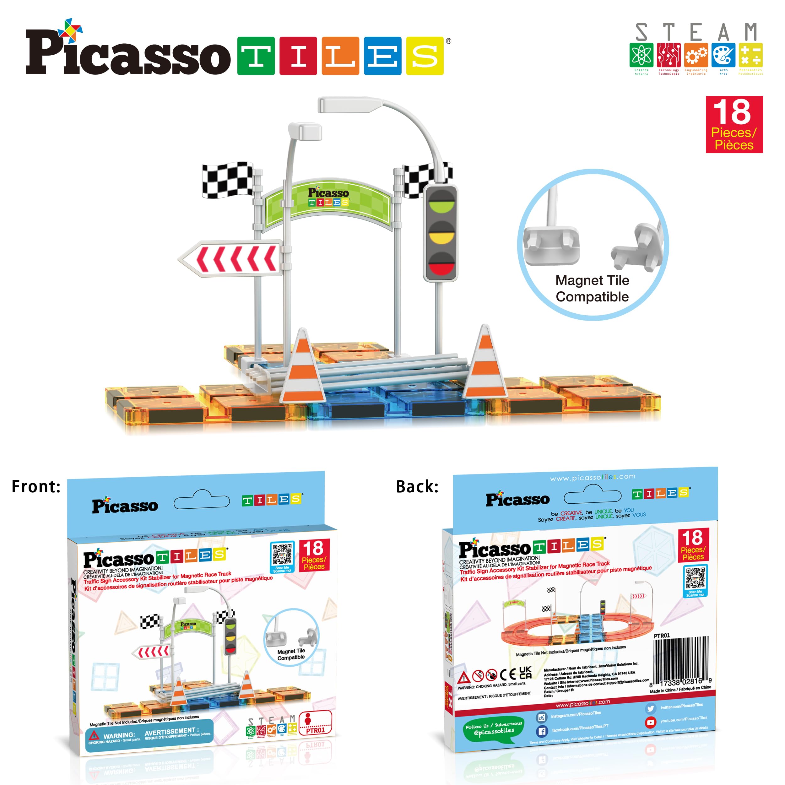 PicassoTiles PTR01 Magnetic Race Track Add-On - 18pc Traffic Sign & Stabilizer Set