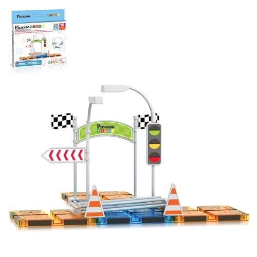 PicassoTiles PTR01 Magnetic Race Track Add-On - 18pc Traffic Sign & Stabilizer Set