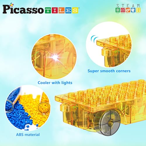 PicassoTiles PTU05 Motorized Car Base - 360° Omnidirectional Light-Up Truck for Magnetic Tile Play