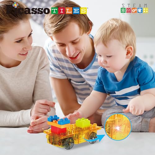 PicassoTiles PTU05 Motorized Car Base - 360° Omnidirectional Light-Up Truck for Magnetic Tile Play