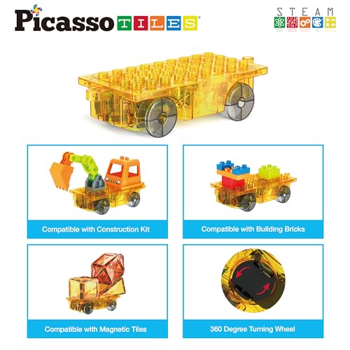 PicassoTiles PTU05 Motorized Car Base - 360° Omnidirectional Light-Up Truck for Magnetic Tile Play