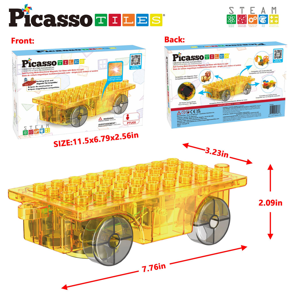 PicassoTiles PTU05 Motorized Car Base - 360° Omnidirectional Light-Up Truck for Magnetic Tile Play