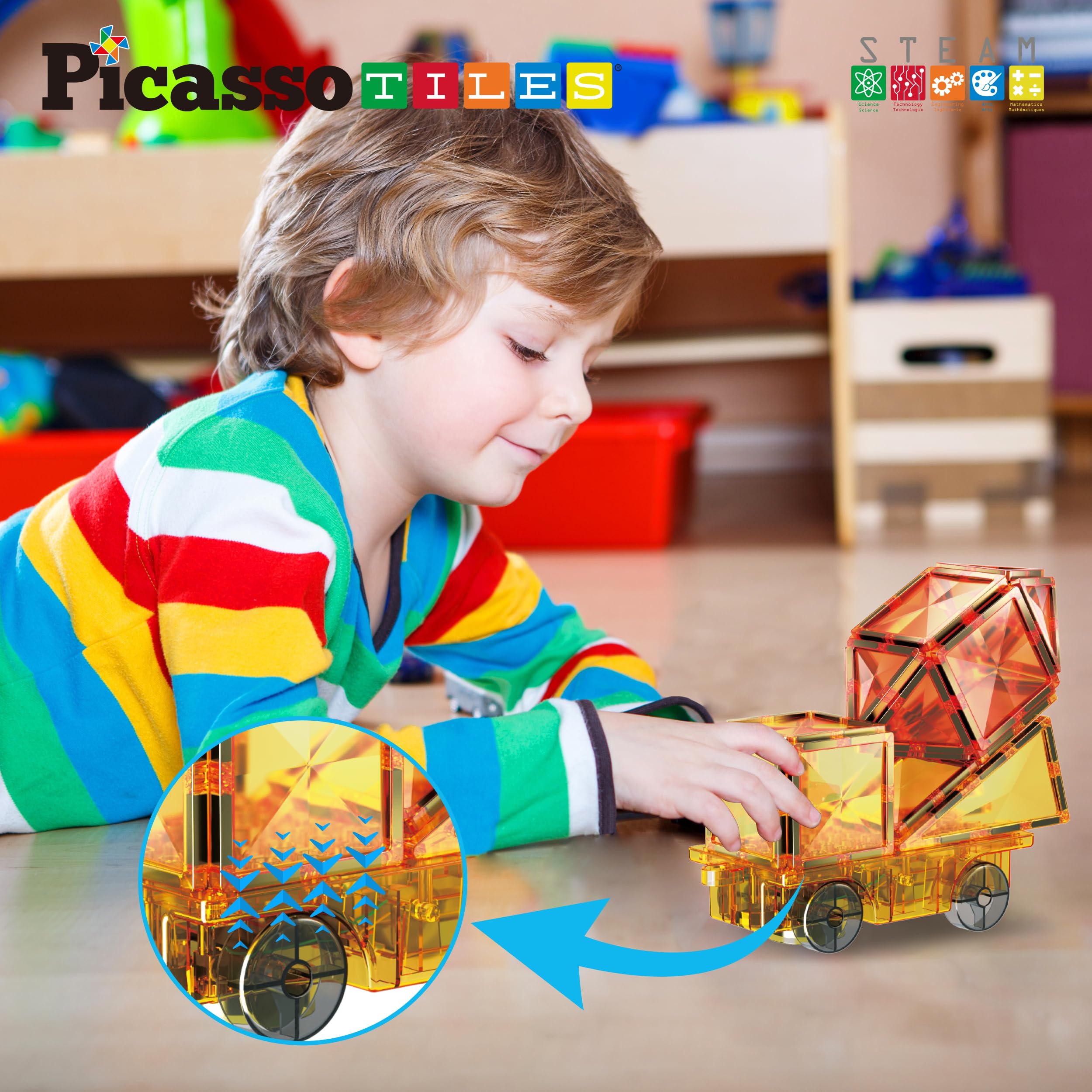 PicassoTiles PTU05 Motorized Car Base - 360° Omnidirectional Light-Up Truck for Magnetic Tile Play