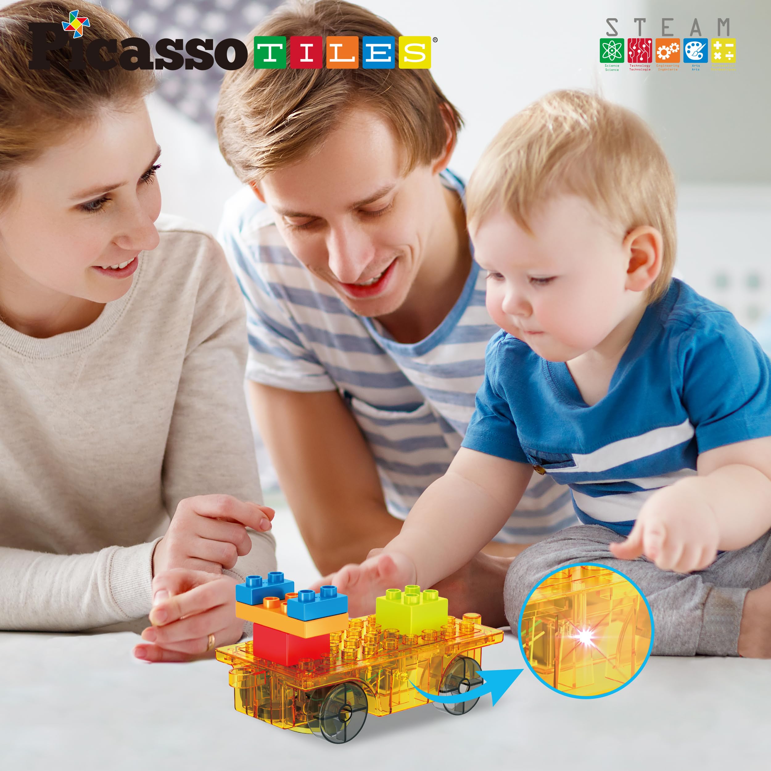 PicassoTiles PTU05 Motorized Car Base - 360° Omnidirectional Light-Up Truck for Magnetic Tile Play