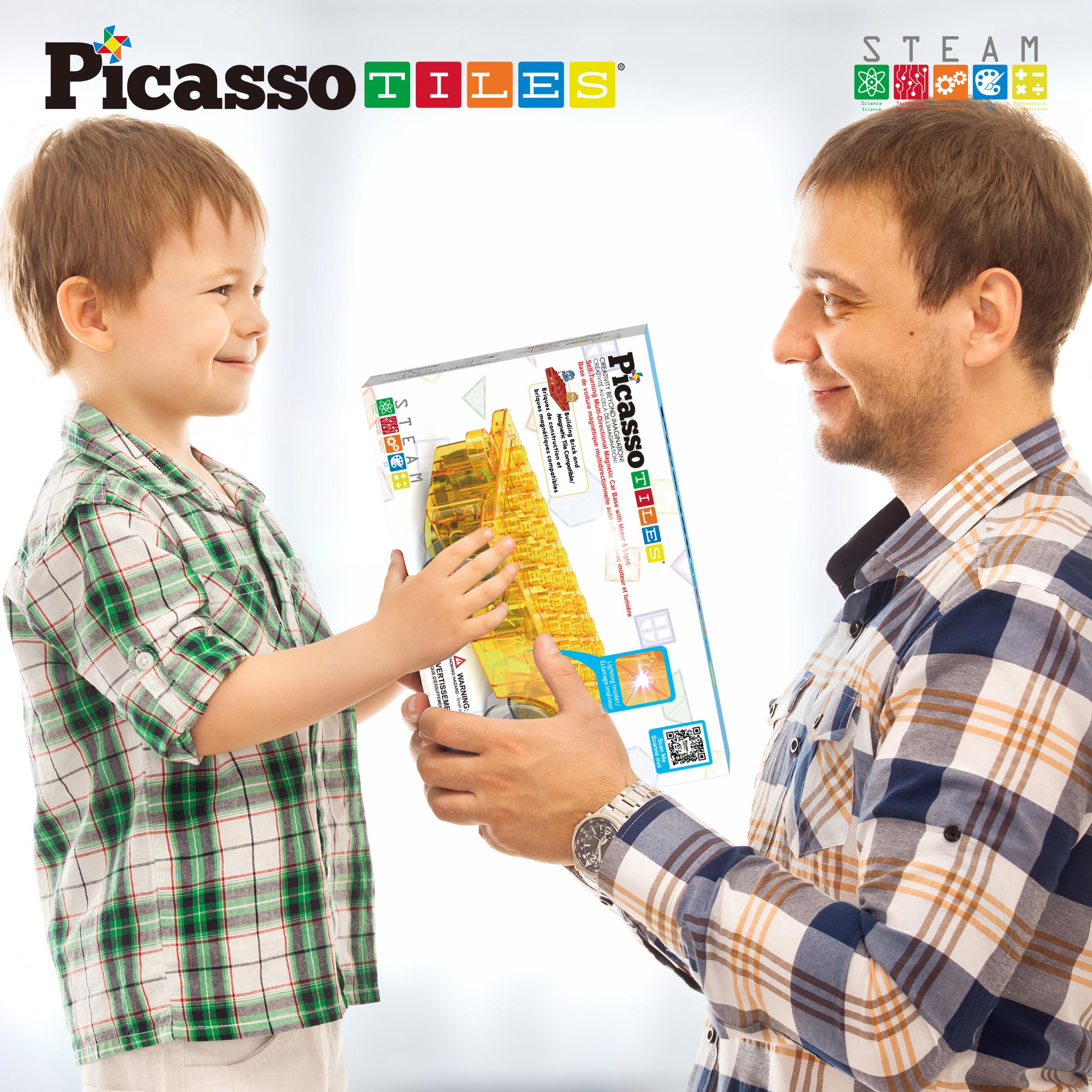 PicassoTiles PTU05 Motorized Car Base - 360° Omnidirectional Light-Up Truck for Magnetic Tile Play