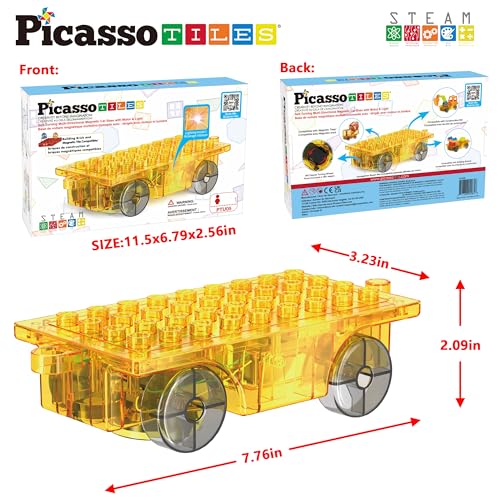 PicassoTiles PTU05 Motorized Car Base - 360° Omnidirectional Light-Up Truck for Magnetic Tile Play