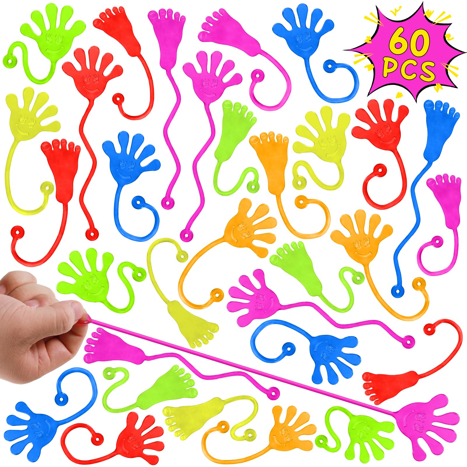 PICcircuit 60-Pack Stretchy Sticky Hands and Feet – Rainbow TPR Party Favors for Kids Ages 4-8, Goodie Bag Stuffers, Classroom Prizes, Birthday Supplies