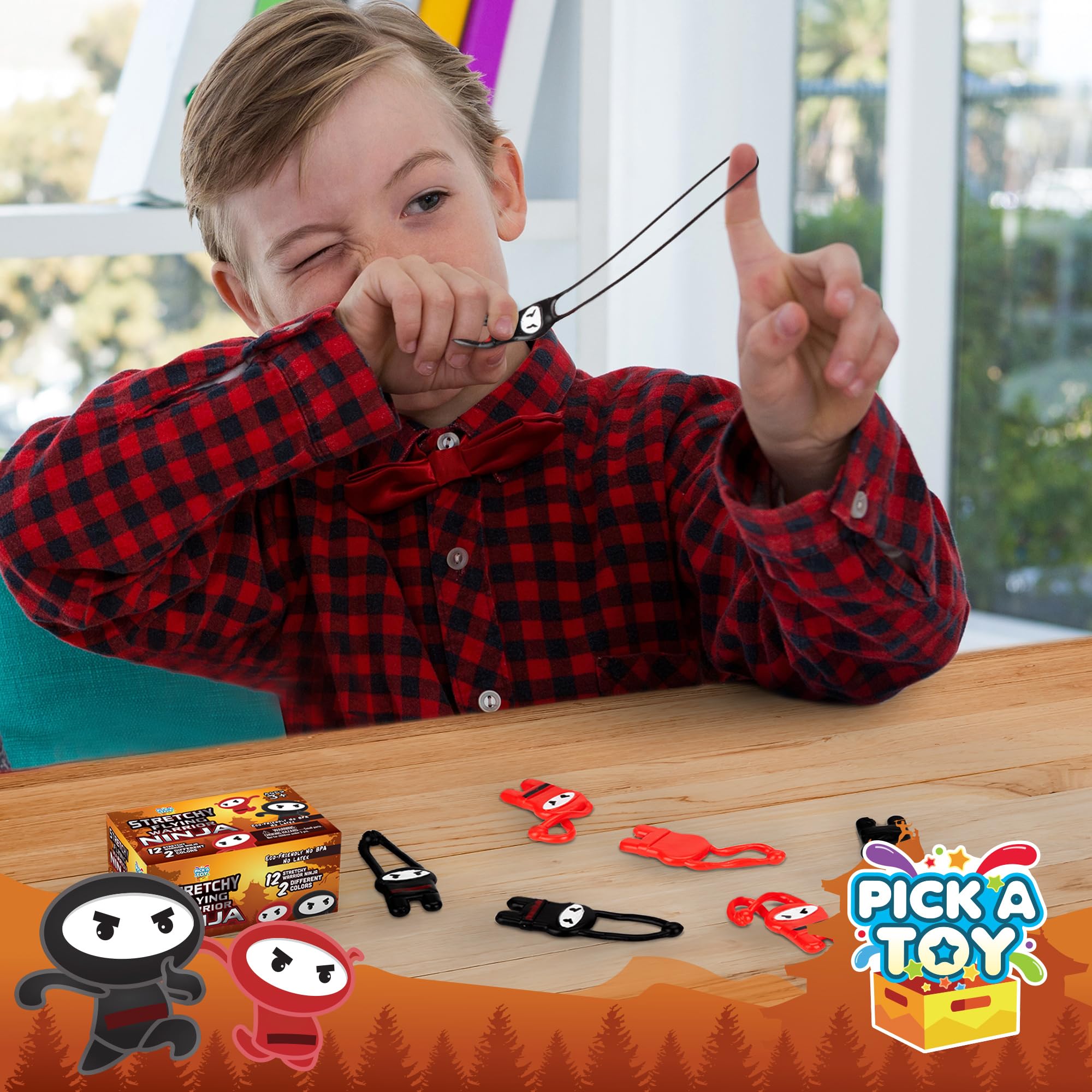 PICK A TOY Stretchy Flying Ninja Slingshot 12-Pack – Sticky Party Favors for Kids Ages 3+, BPA-Free, Washable