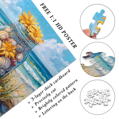 PICKFORU 1000-Piece Beach Puzzle – Seashell Jar with Sunflowers & Starfish, Coastal Summer Jigsaw for Adults