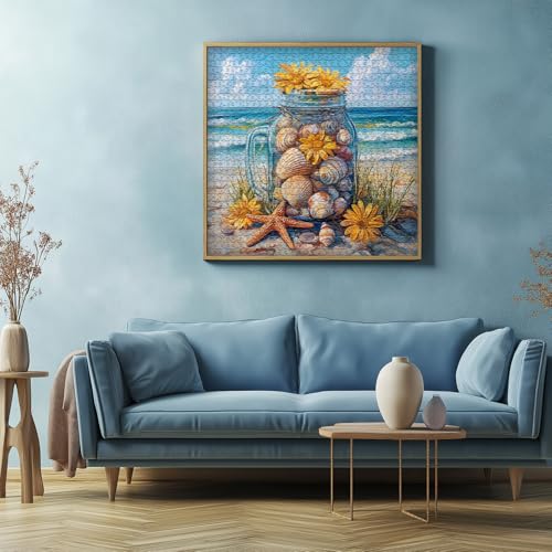 PICKFORU 1000-Piece Beach Puzzle – Seashell Jar with Sunflowers & Starfish, Coastal Summer Jigsaw for Adults