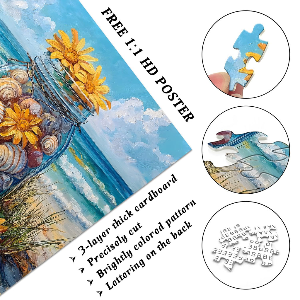 PICKFORU 1000-Piece Beach Puzzle – Seashell Jar with Sunflowers & Starfish, Coastal Summer Jigsaw for Adults
