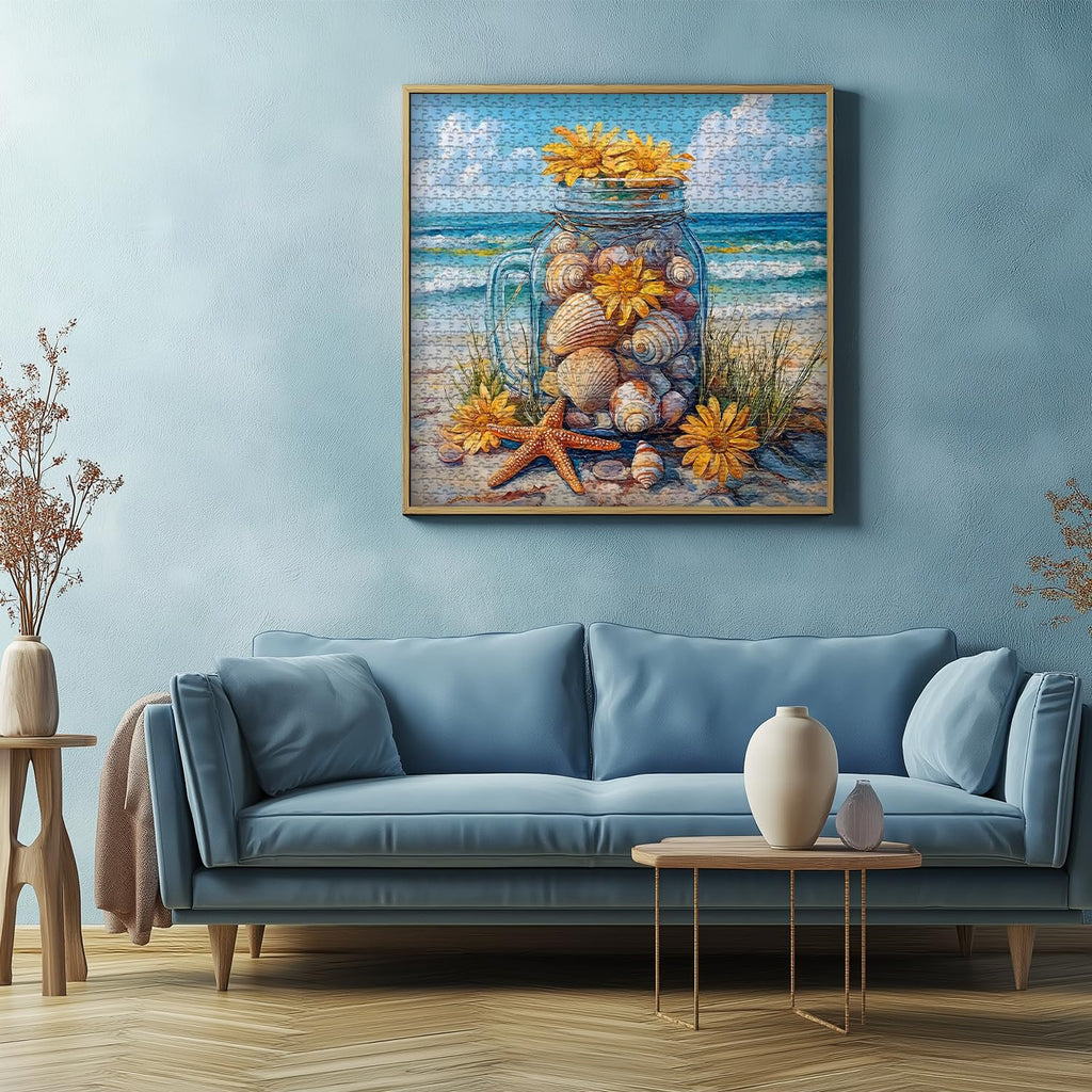 PICKFORU 1000-Piece Beach Puzzle – Seashell Jar with Sunflowers & Starfish, Coastal Summer Jigsaw for Adults