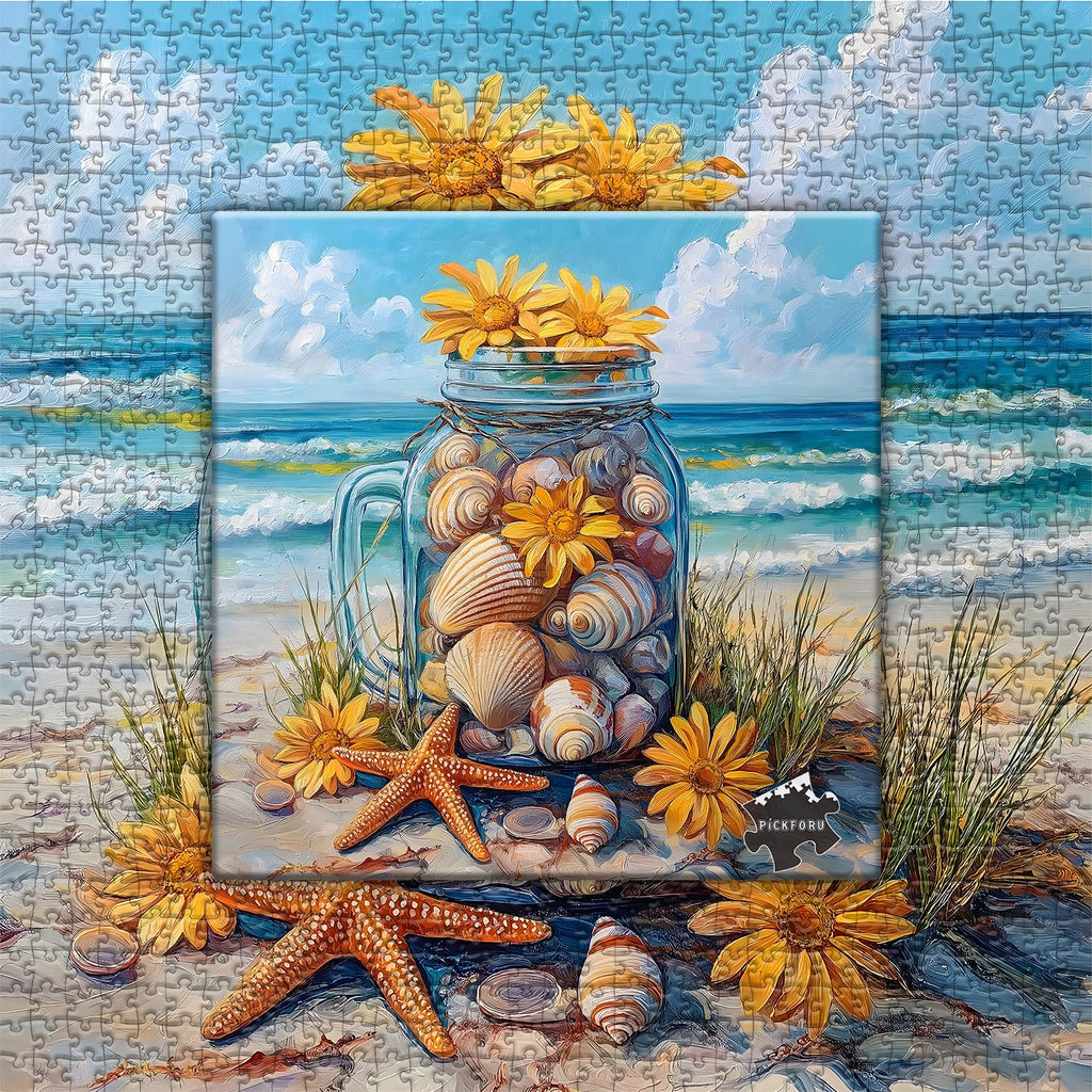 PICKFORU 1000-Piece Beach Puzzle – Seashell Jar with Sunflowers & Starfish, Coastal Summer Jigsaw for Adults