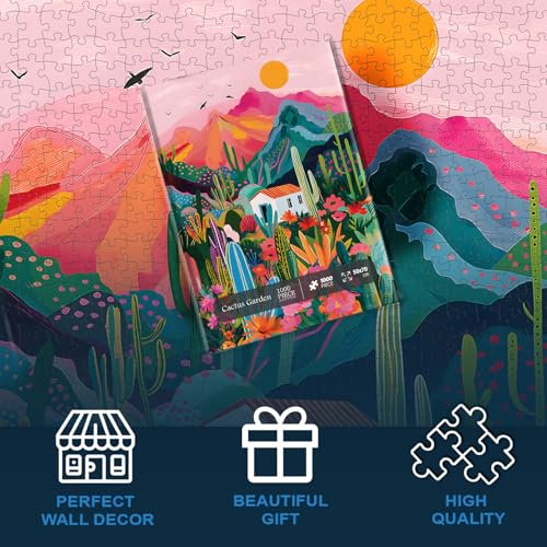 PICKFORU 1000-Piece Cactus Jigsaw Puzzle – Desert Landscape with Pink Mountains and Wildflowers for Adults