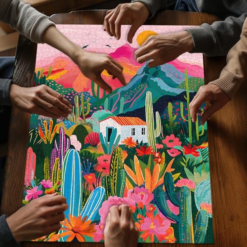 PICKFORU 1000-Piece Cactus Jigsaw Puzzle – Desert Landscape with Pink Mountains and Wildflowers for Adults