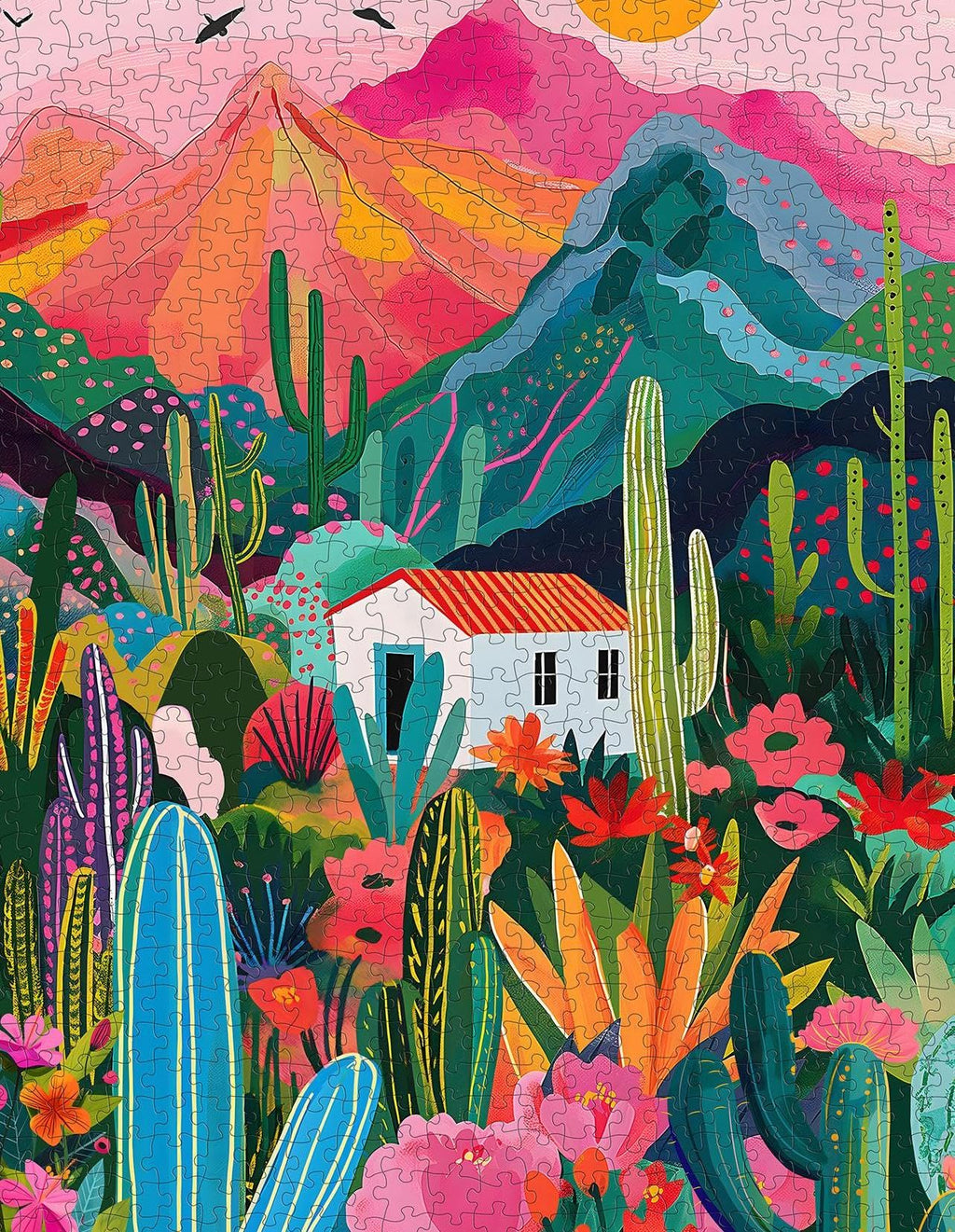PICKFORU 1000-Piece Cactus Jigsaw Puzzle – Desert Landscape with Pink Mountains and Wildflowers for Adults