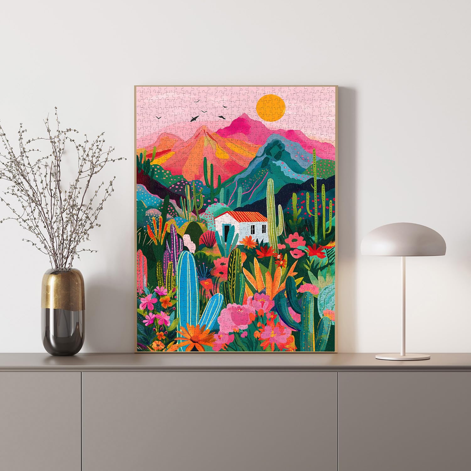PICKFORU 1000-Piece Cactus Jigsaw Puzzle – Desert Landscape with Pink Mountains and Wildflowers for Adults