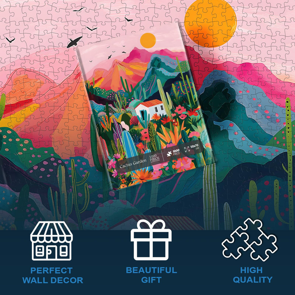 PICKFORU 1000-Piece Cactus Jigsaw Puzzle – Desert Landscape with Pink Mountains and Wildflowers for Adults
