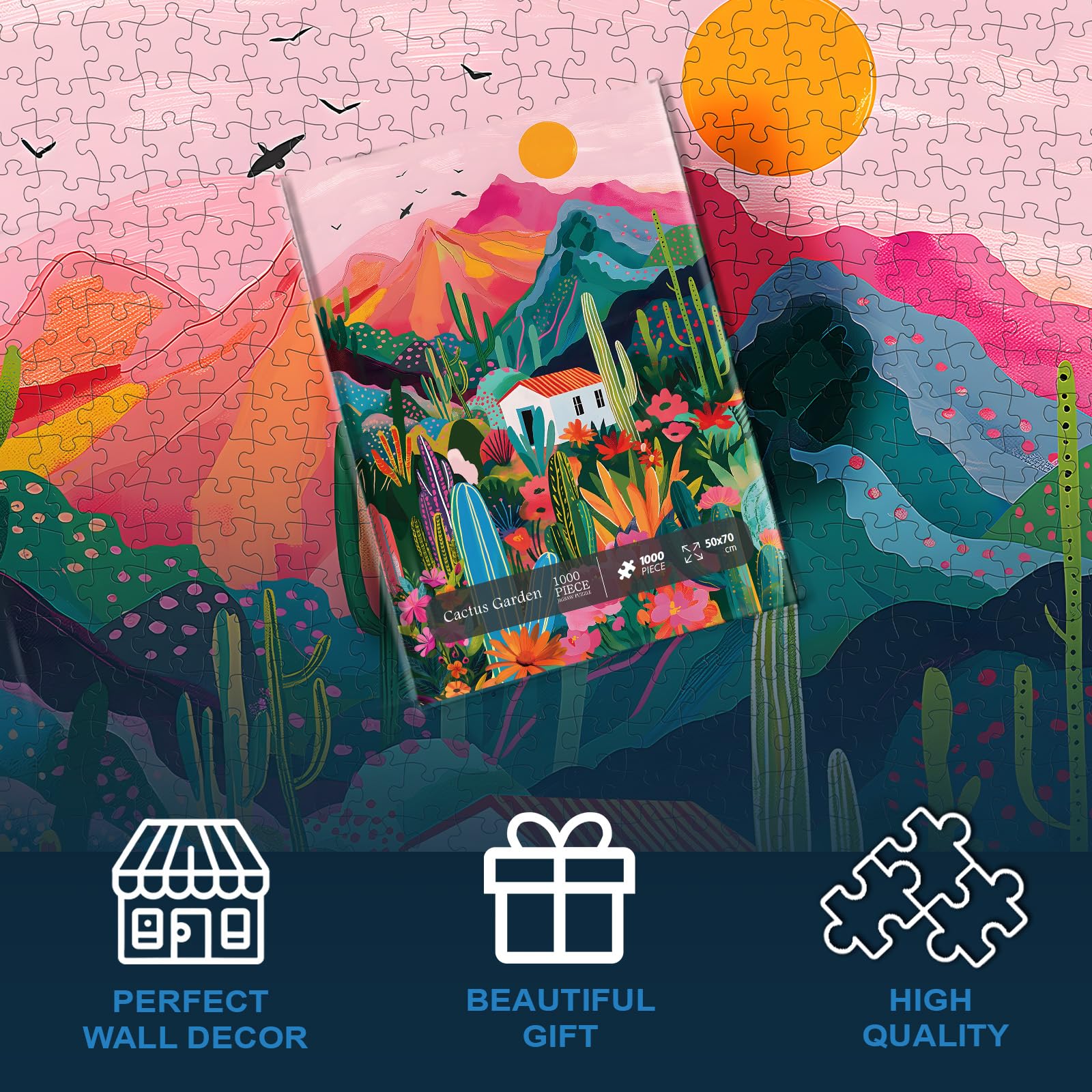 PICKFORU 1000-Piece Cactus Jigsaw Puzzle – Desert Landscape with Pink Mountains and Wildflowers for Adults
