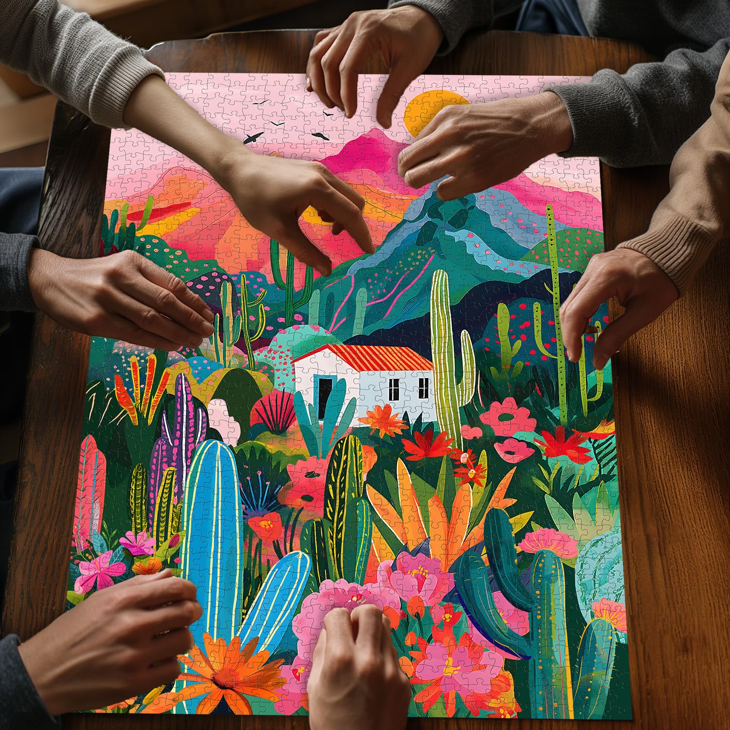 PICKFORU 1000-Piece Cactus Jigsaw Puzzle – Desert Landscape with Pink Mountains and Wildflowers for Adults