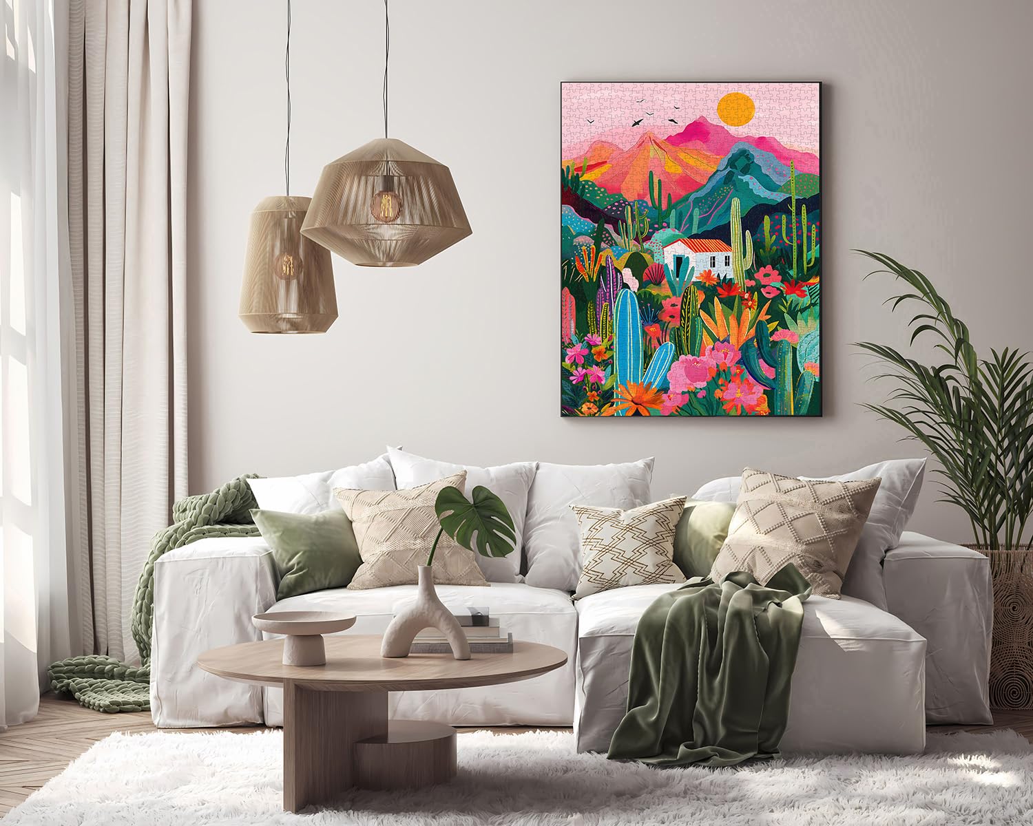 PICKFORU 1000-Piece Cactus Jigsaw Puzzle – Desert Landscape with Pink Mountains and Wildflowers for Adults