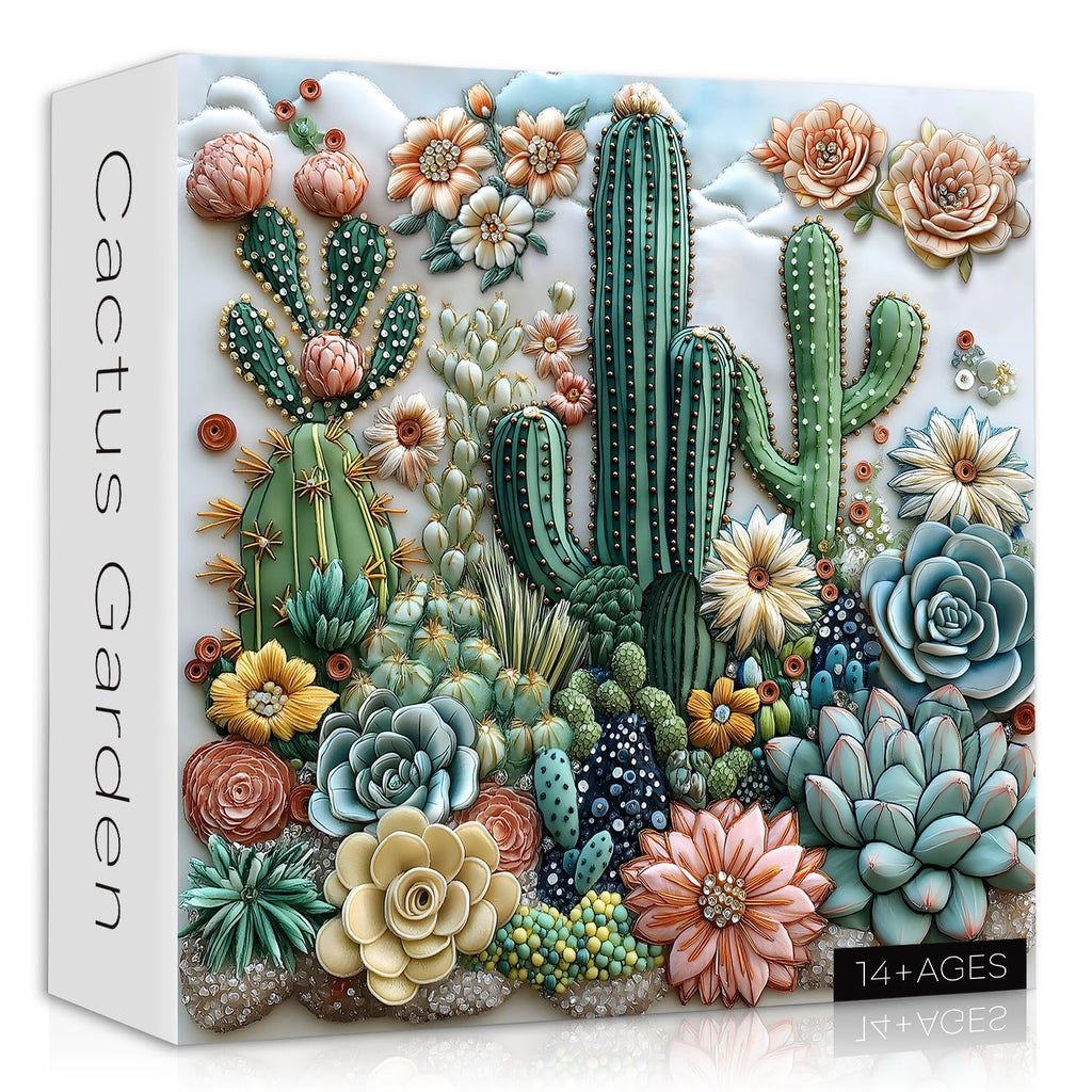 PICKFORU 1000-Piece Cactus Puzzle – Floral Embroidery-Inspired Jigsaw for Adults