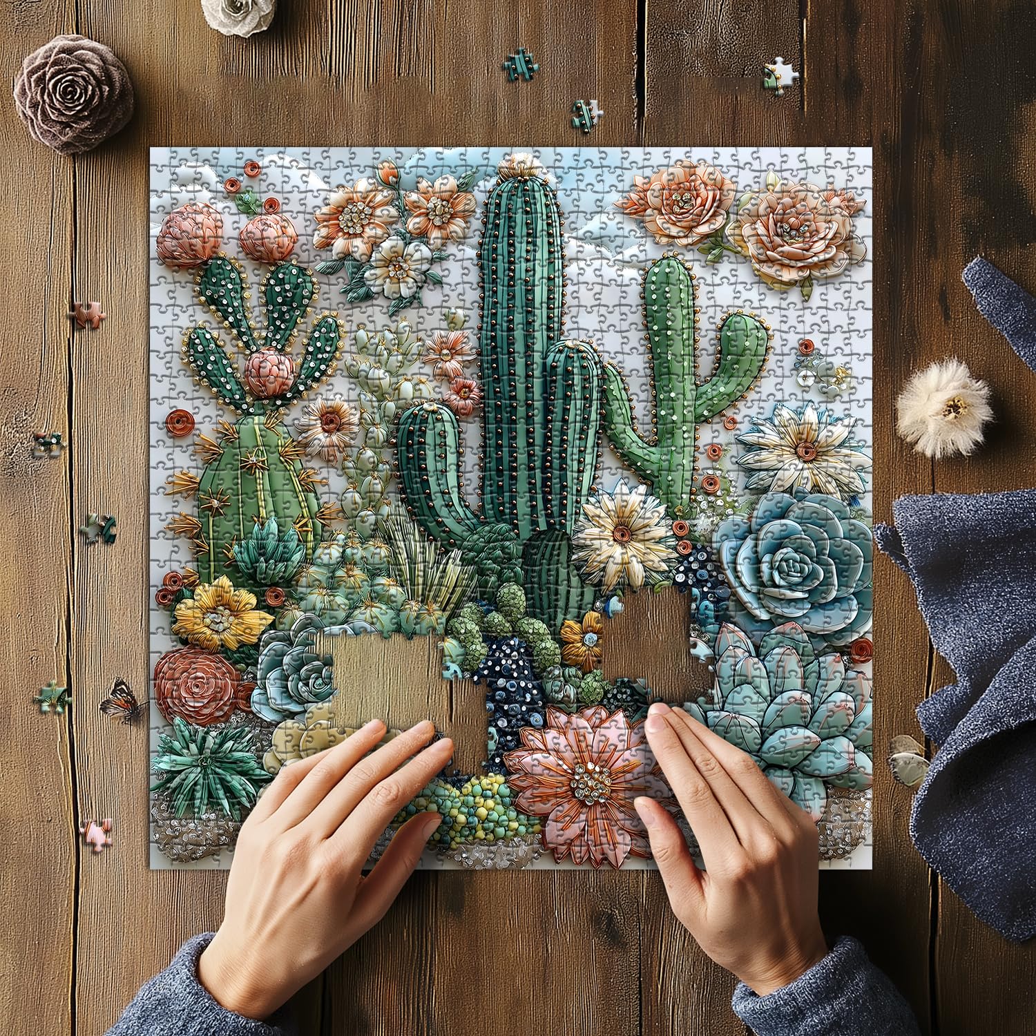 PICKFORU 1000-Piece Cactus Puzzle – Floral Embroidery-Inspired Jigsaw for Adults