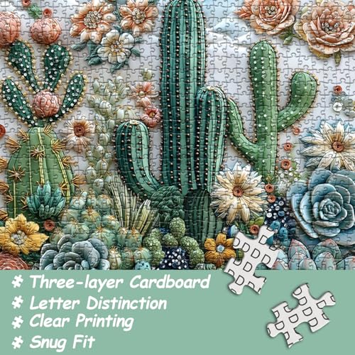 PICKFORU 1000-Piece Cactus Puzzle – Floral Embroidery-Inspired Jigsaw for Adults