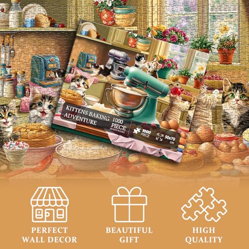 PICKFORU 1000-Piece Cat Puzzle – Kittens Baking in a Whimsical Kitchen Scene, 70x50cm, with Poster and Letter Backing