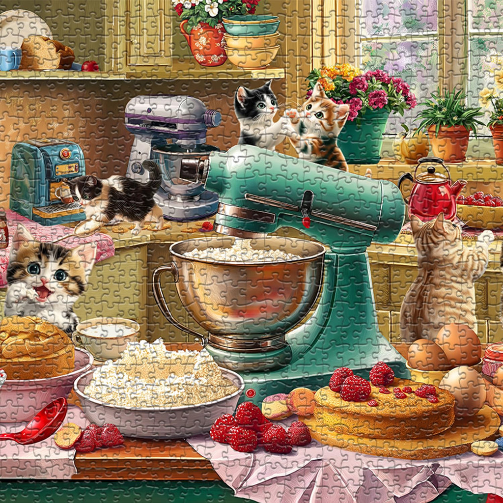 PICKFORU 1000-Piece Cat Puzzle – Kittens Baking in a Whimsical Kitchen Scene, 70x50cm, with Poster and Letter Backing