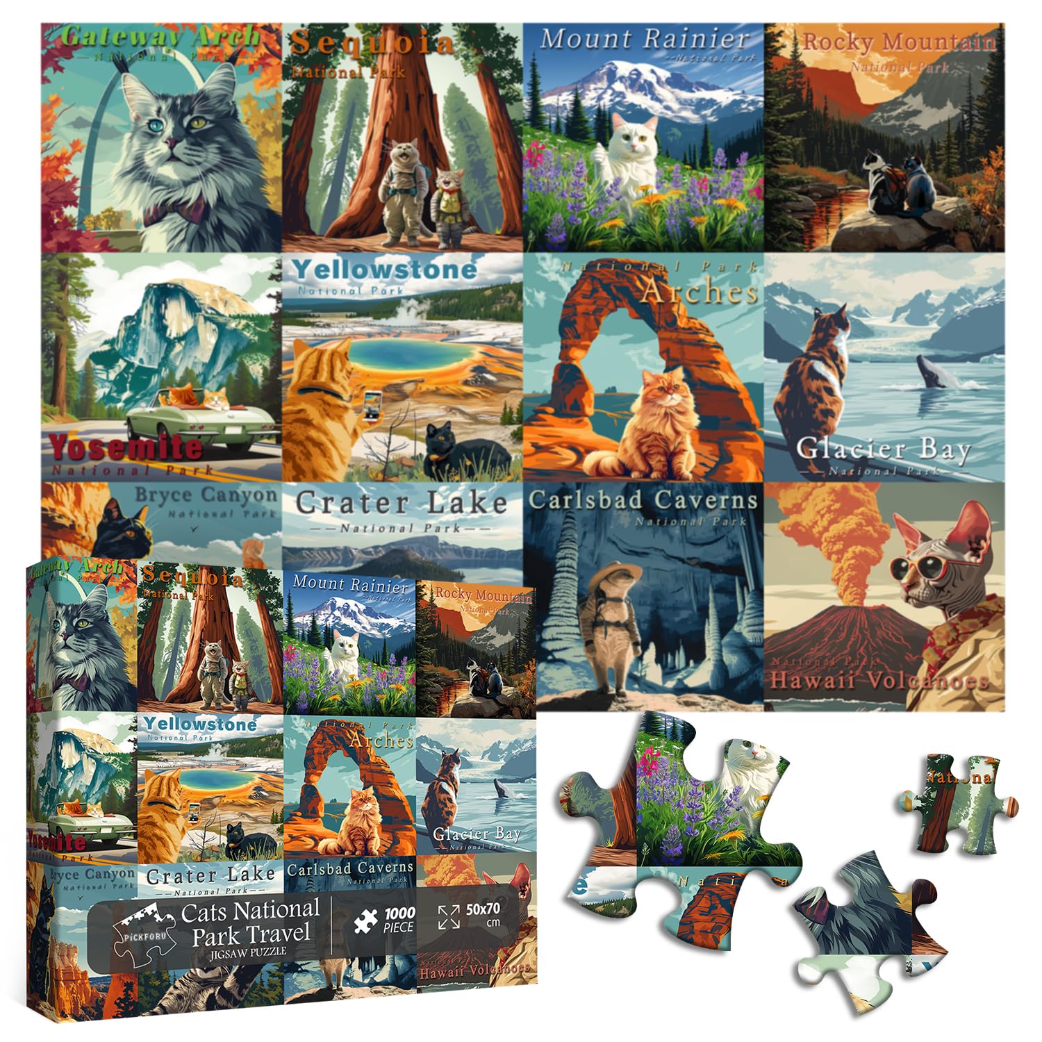 PICKFORU 1000 Piece Cat Puzzle: National Parks Series - Yellowstone Glacier