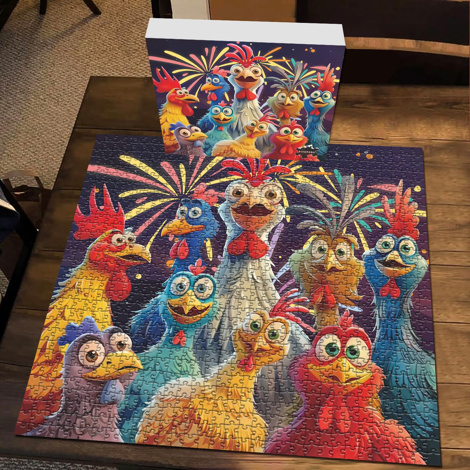 PICKFORU 1000 Piece Chicken Jigsaw Puzzle – Happy Rooster Art, Thick Cardboard, Finished 23.9x23.9 Inches