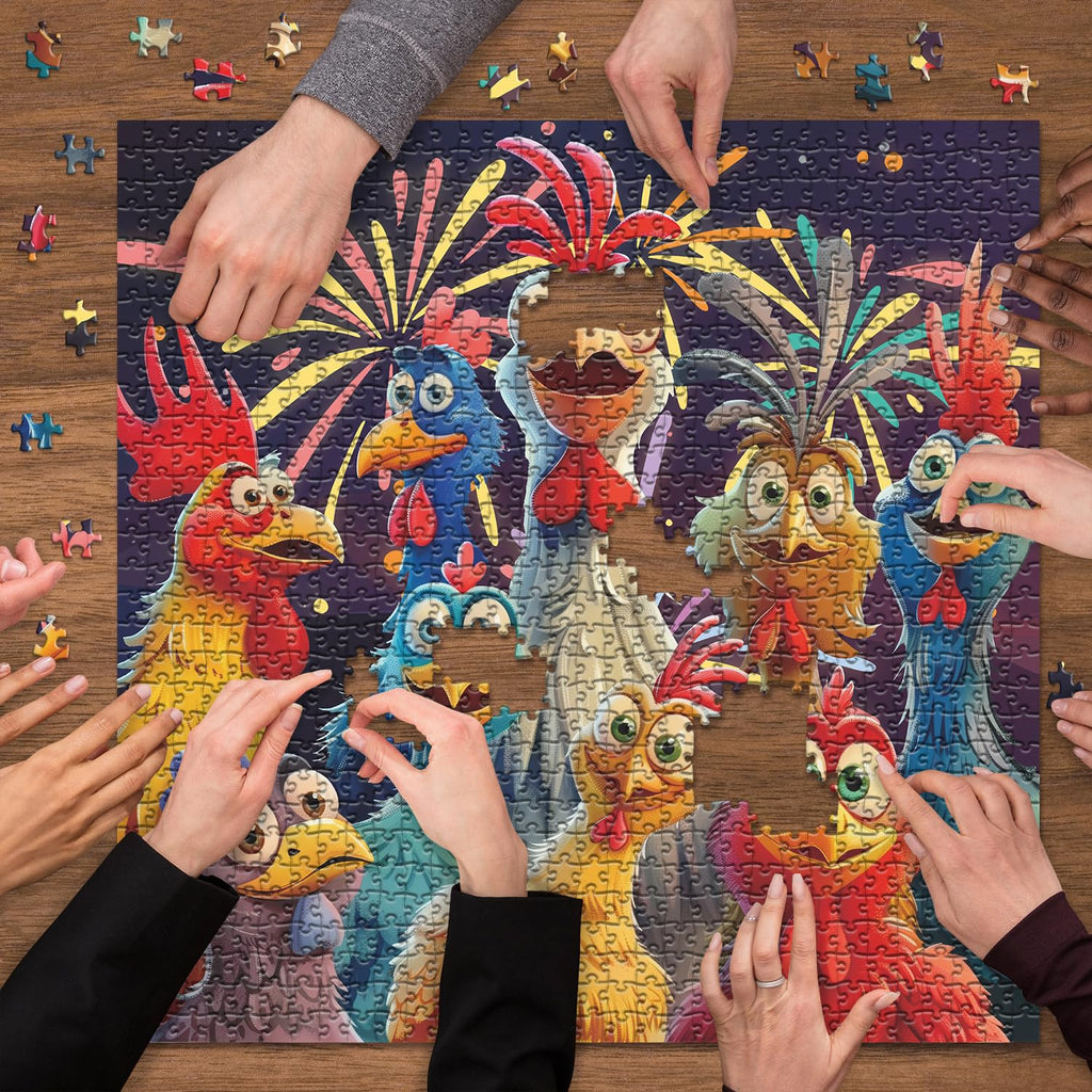PICKFORU 1000 Piece Chicken Jigsaw Puzzle – Happy Rooster Art, Thick Cardboard, Finished 23.9x23.9 Inches