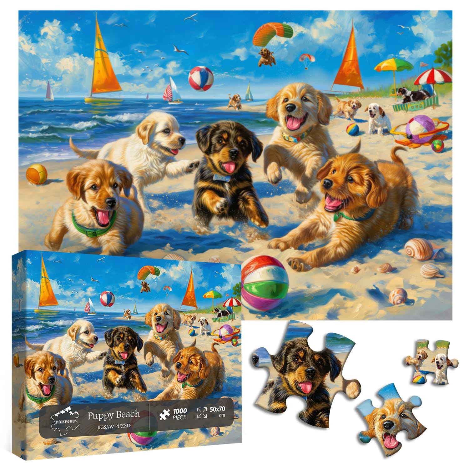 PICKFORU 1000 Piece Funny Dog Puzzle – Beach Scene Cute Puppy Jigsaw for Adults, 27.5x19.7 Inches