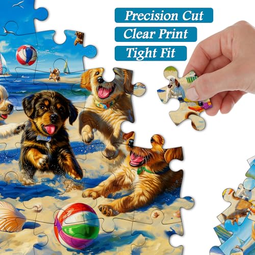 PICKFORU 1000 Piece Funny Dog Puzzle – Beach Scene Cute Puppy Jigsaw for Adults, 27.5x19.7 Inches