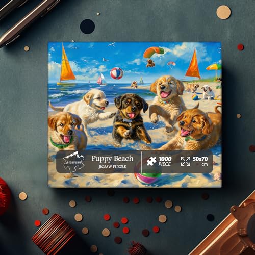 PICKFORU 1000 Piece Funny Dog Puzzle – Beach Scene Cute Puppy Jigsaw for Adults, 27.5x19.7 Inches