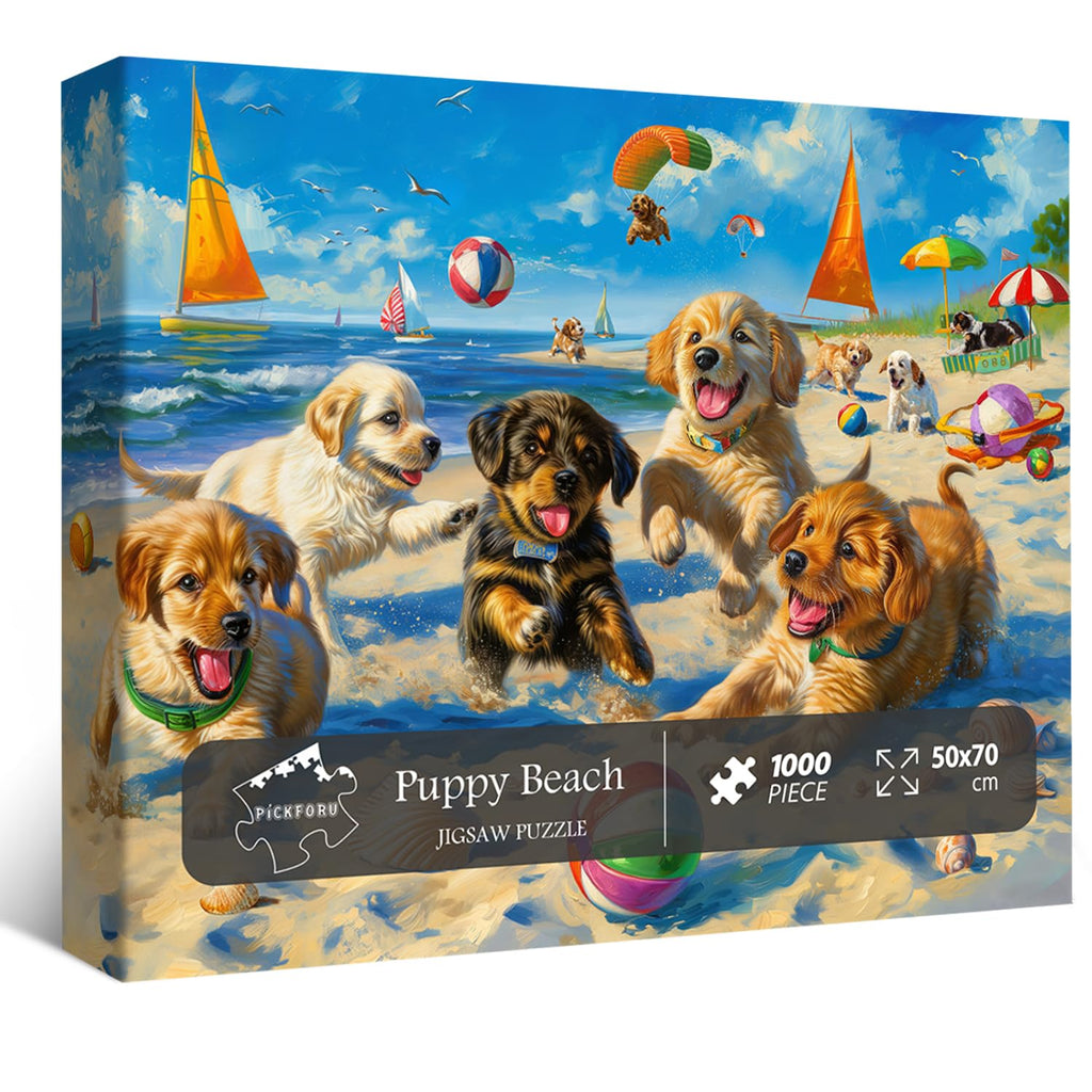 PICKFORU 1000 Piece Funny Dog Puzzle – Beach Scene Cute Puppy Jigsaw for Adults, 27.5x19.7 Inches