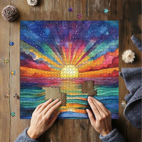 PICKFORU 1000 Piece Impossible Puzzle: Ocean Sunset with Rainbow Gradient - Challenging Jigsaw for Adults
