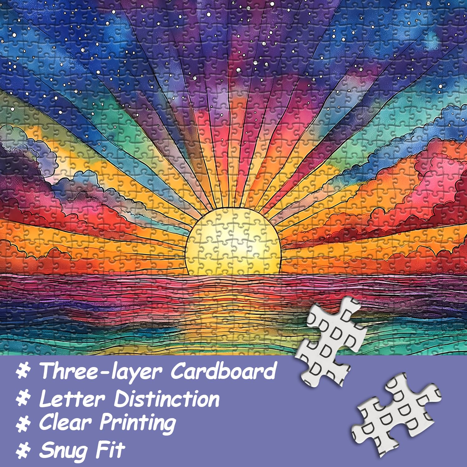PICKFORU 1000 Piece Impossible Puzzle: Ocean Sunset with Rainbow Gradient - Challenging Jigsaw for Adults