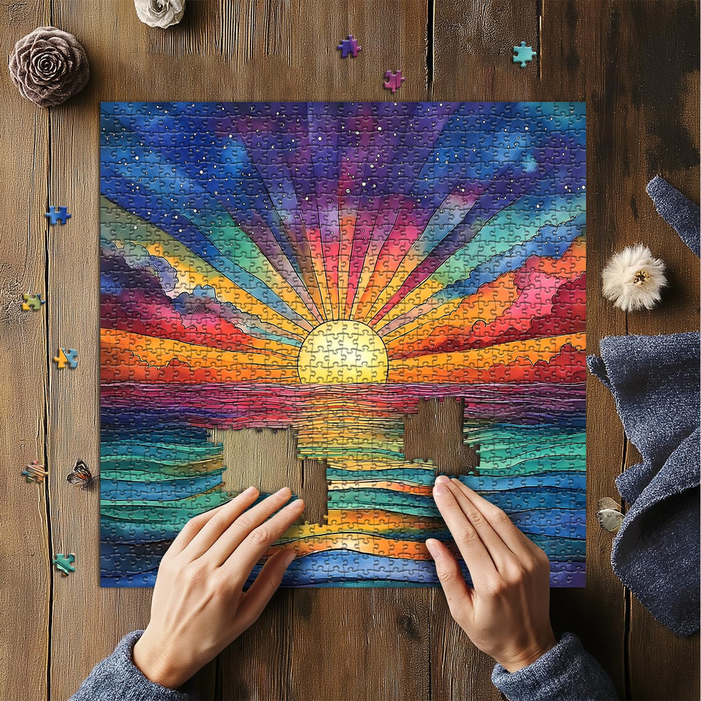 PICKFORU 1000 Piece Impossible Puzzle: Ocean Sunset with Rainbow Gradient - Challenging Jigsaw for Adults