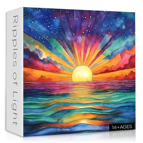 PICKFORU 1000 Piece Impossible Puzzle: Ocean Sunset with Rainbow Gradient - Challenging Jigsaw for Adults
