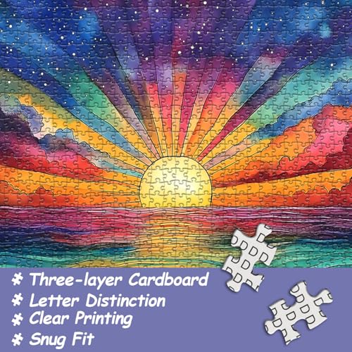 PICKFORU 1000 Piece Impossible Puzzle: Ocean Sunset with Rainbow Gradient - Challenging Jigsaw for Adults